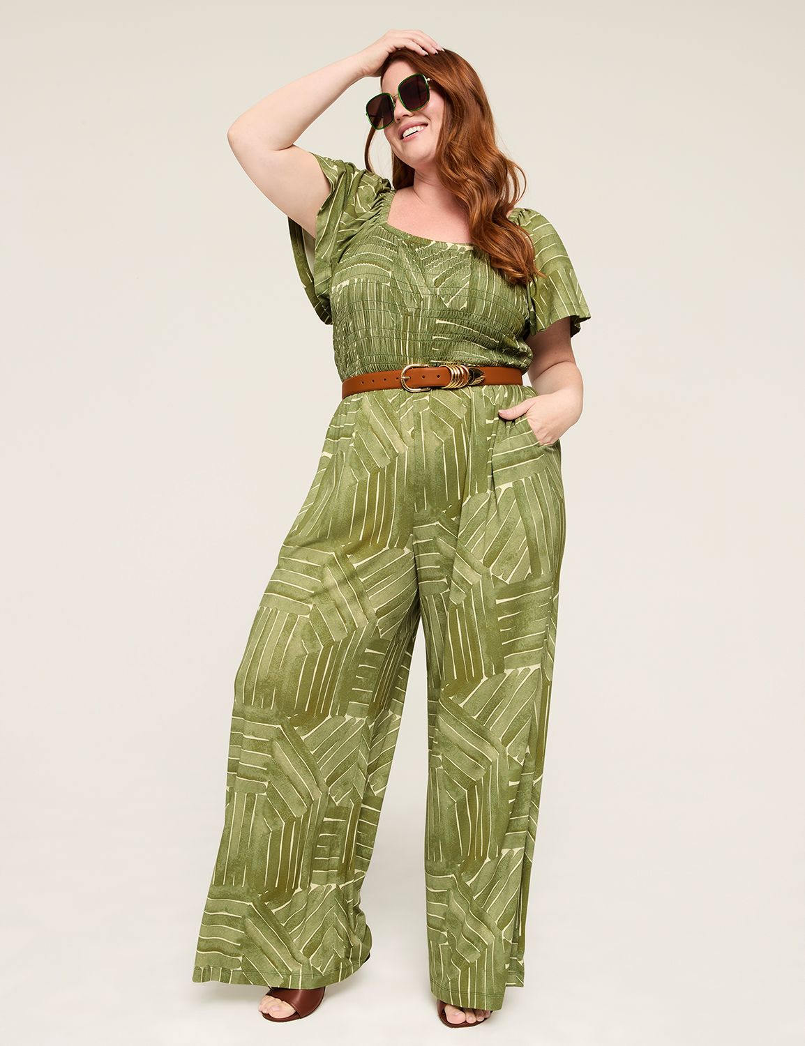 Smocked-Bodice Flutter-Sleeve Jumpsuit | LaneBryant