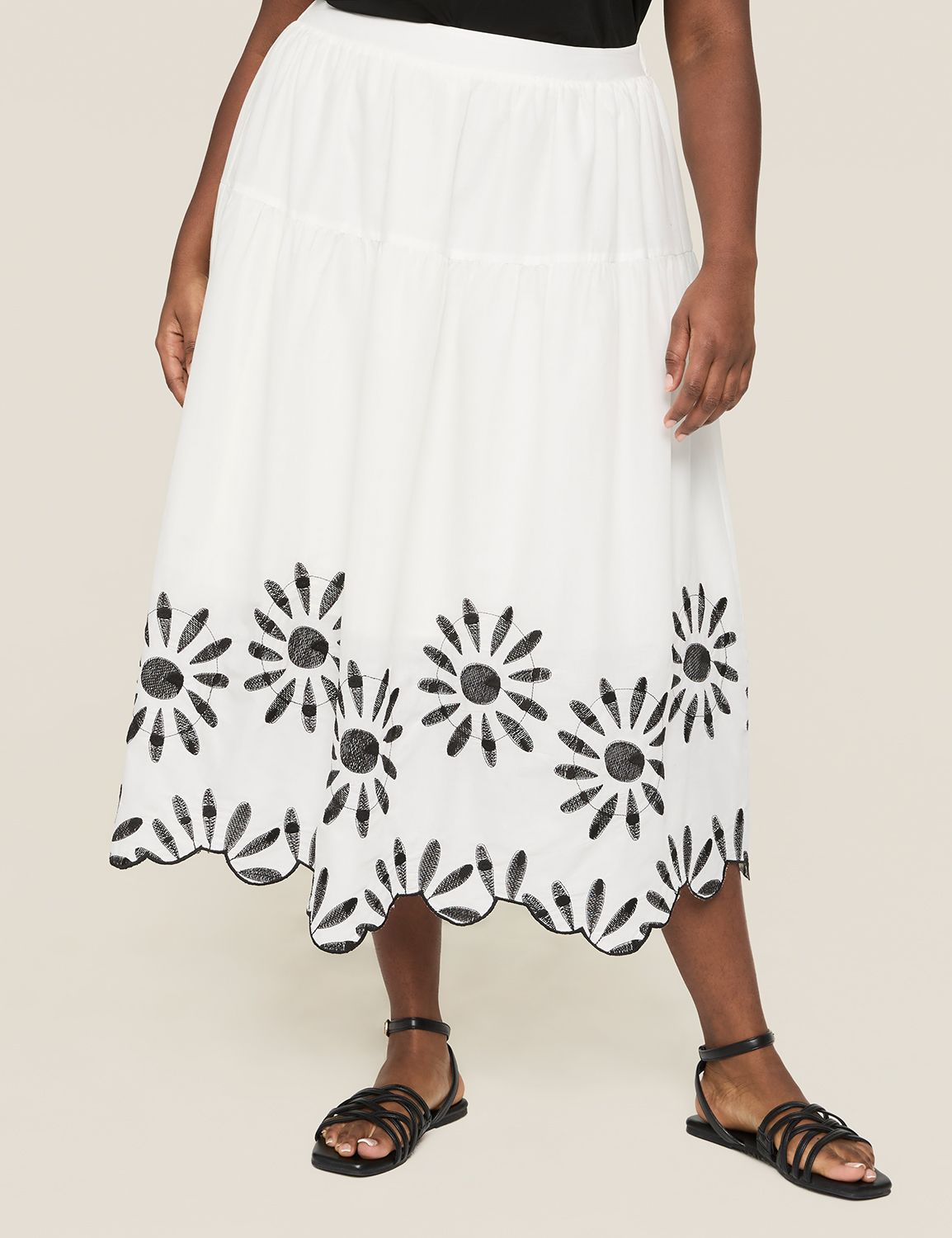 Embroidered Scallop-Hem Tiered Midi Skirt | LaneBryant
