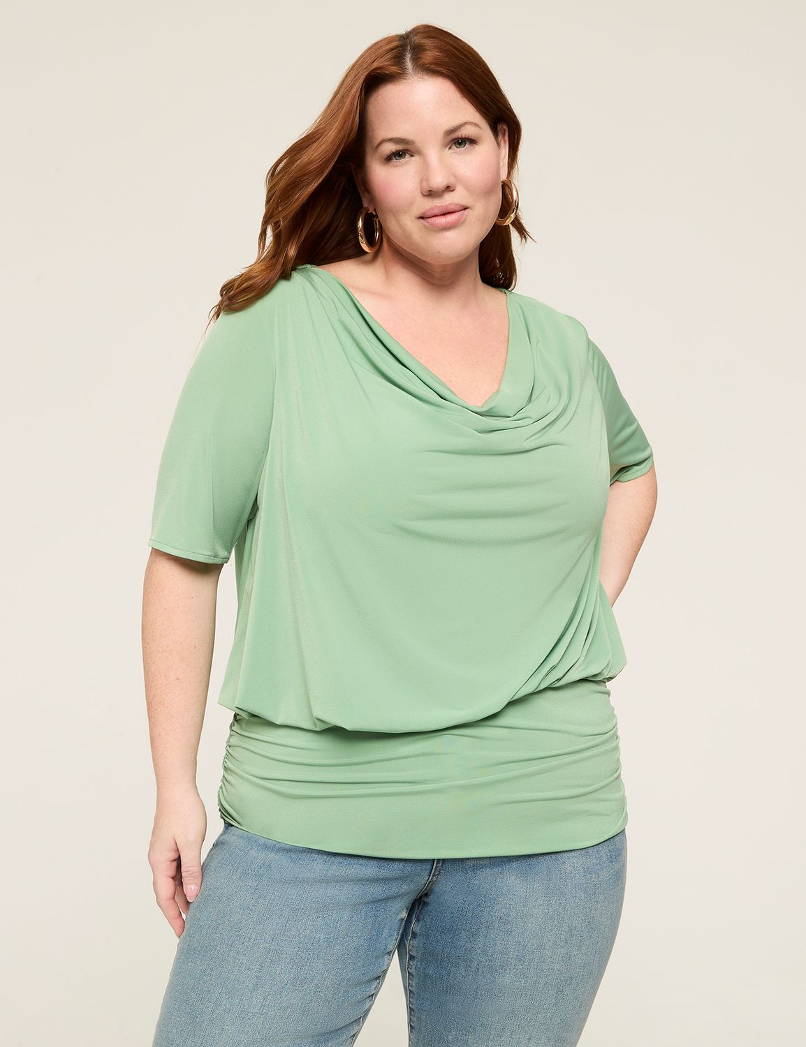 Short Sleeve Cowl Neck Ruched Bande Product Image 1