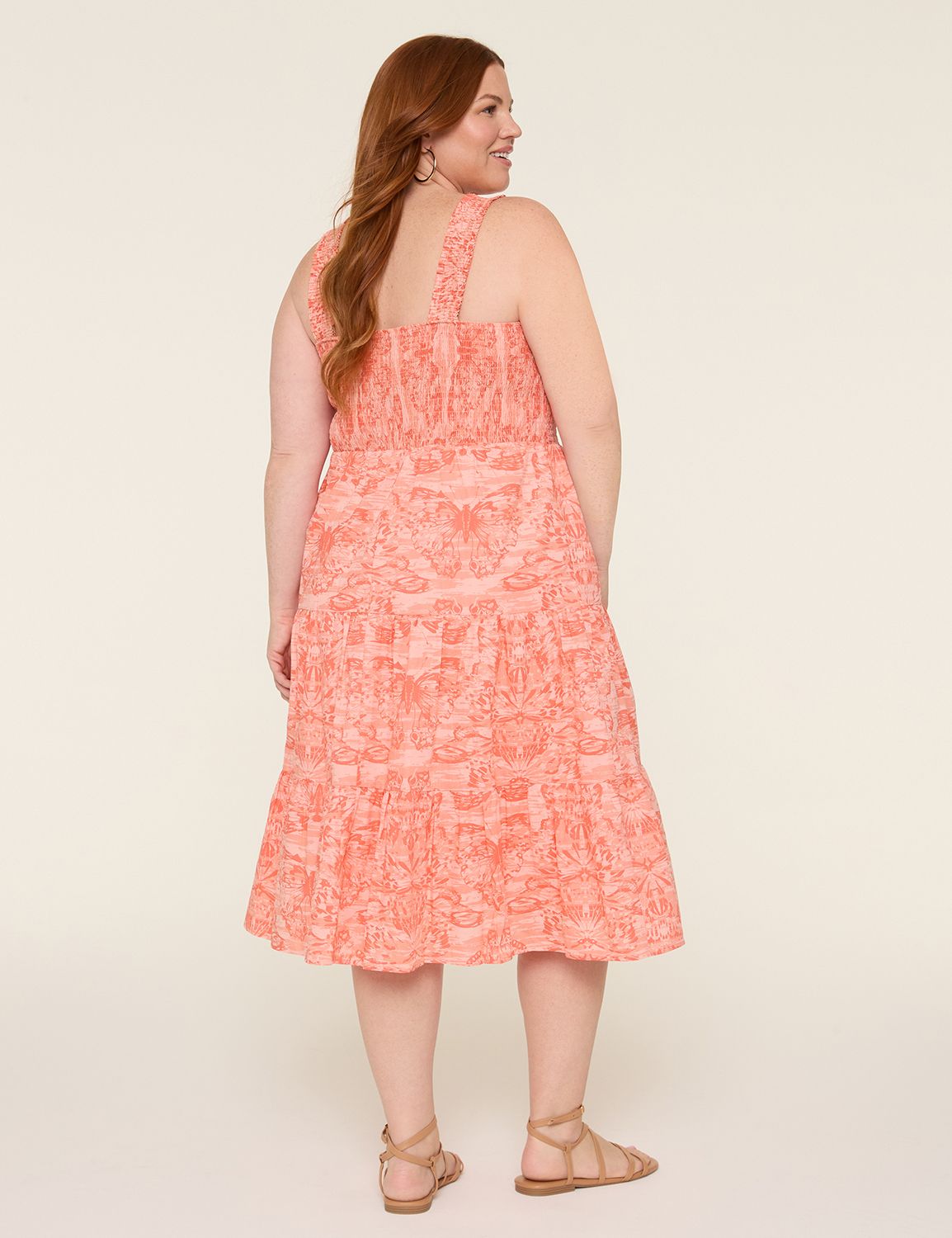 Sleeveless Smocked-Bodice Tiered Midi Dress | LaneBryant