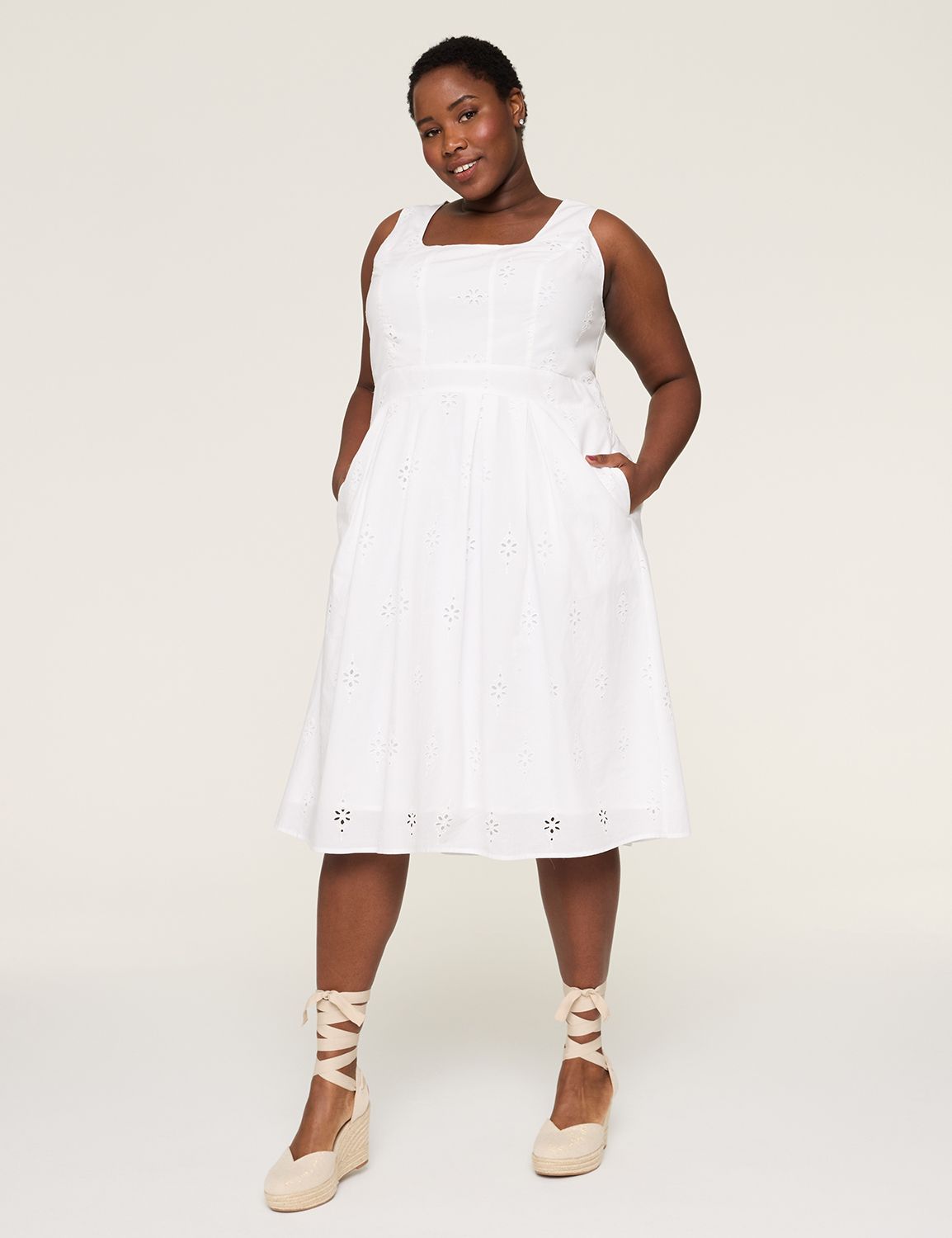 Eyelet Square-Neck Pleated Midi Dress LaneBryant