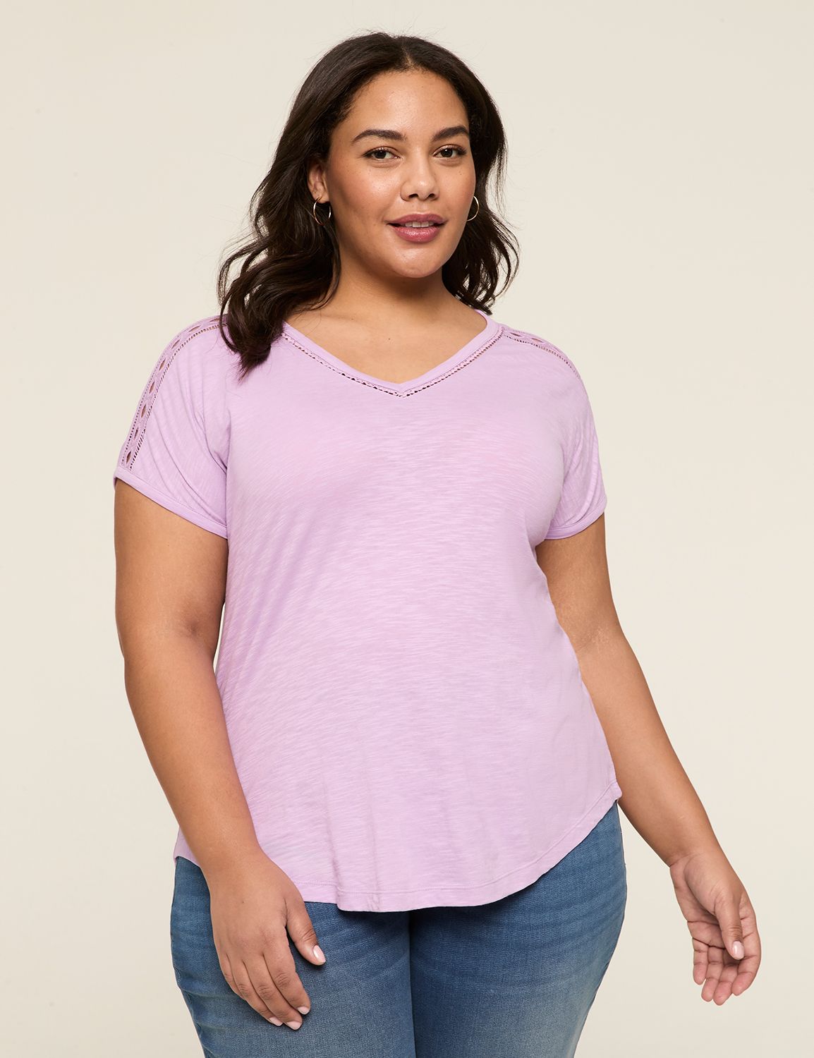 Casual Wide V-Neck Crochet Trim Tee Product Image 1