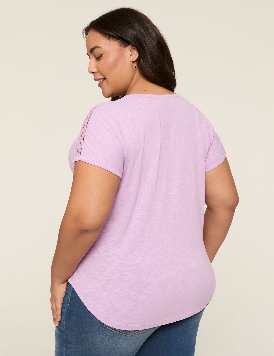 Casual Wide V-Neck Crochet Trim Tee Product Image 2