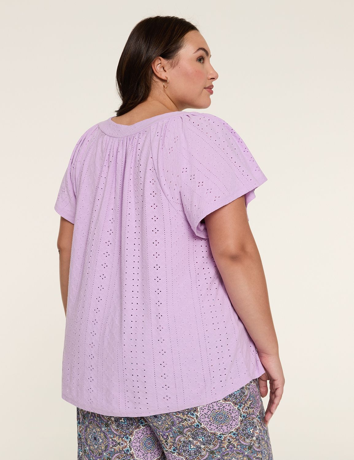 Eyelet Round Neck Long Sleeve Knit Top