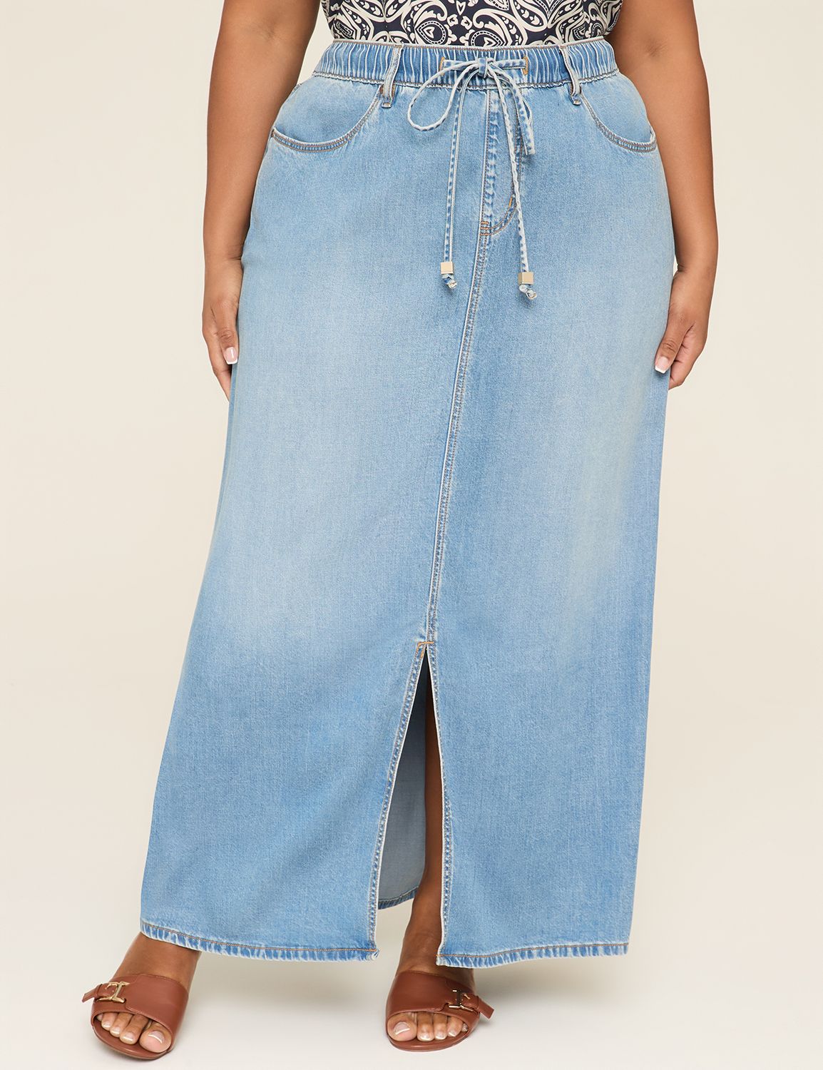 【INCHANT ME】Slab H-line Banding Long Skirt Pull-On Fit Lightweight Denim Maxi Skirt | LaneBryant