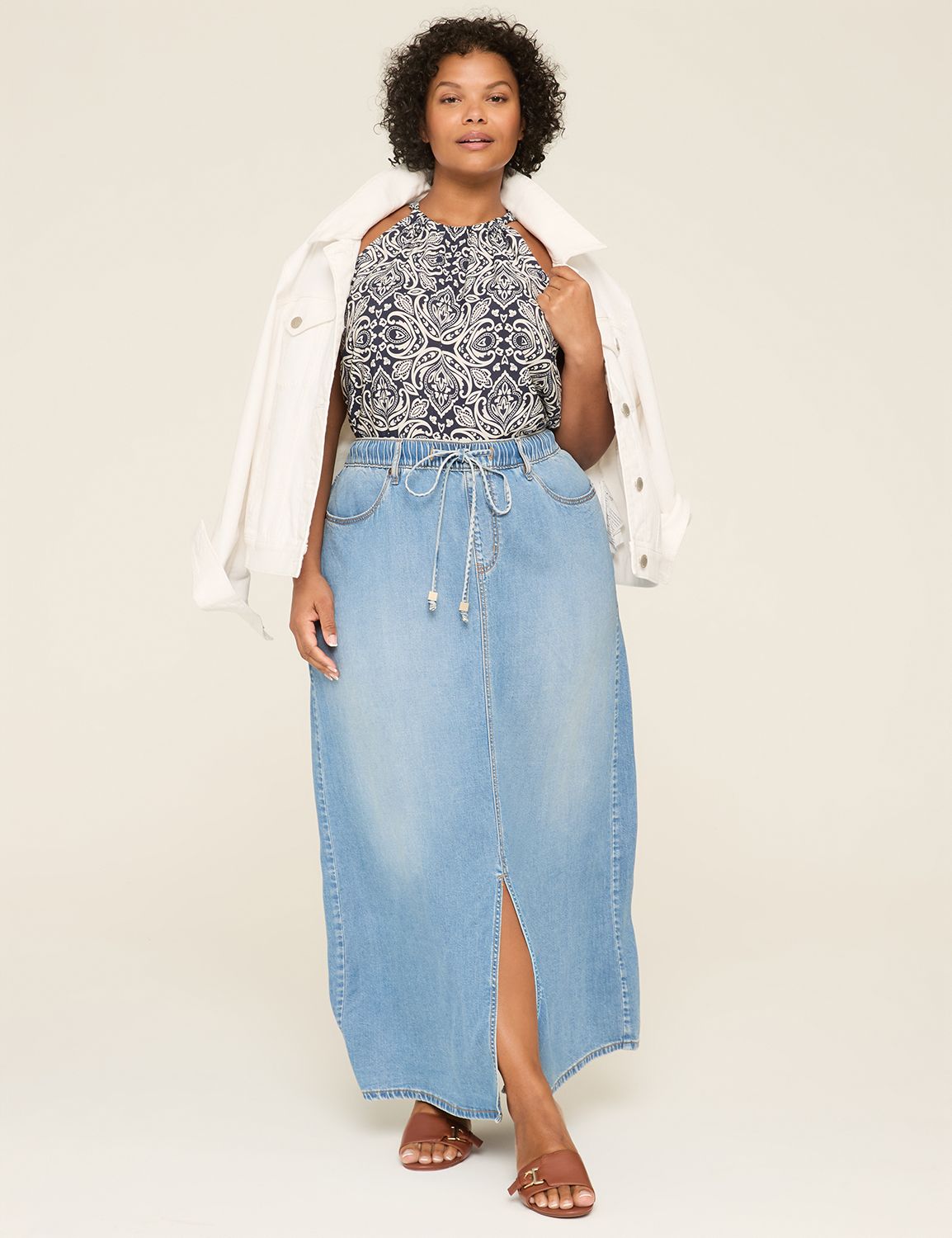 【BAON】Turn-G banding denim long skirt Pull-On Fit Lightweight Denim Maxi Skirt | LaneBryant