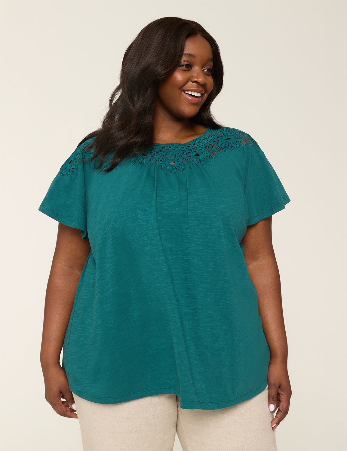 Short Sleeve Boat Neck Crochet Appl Product Image 1