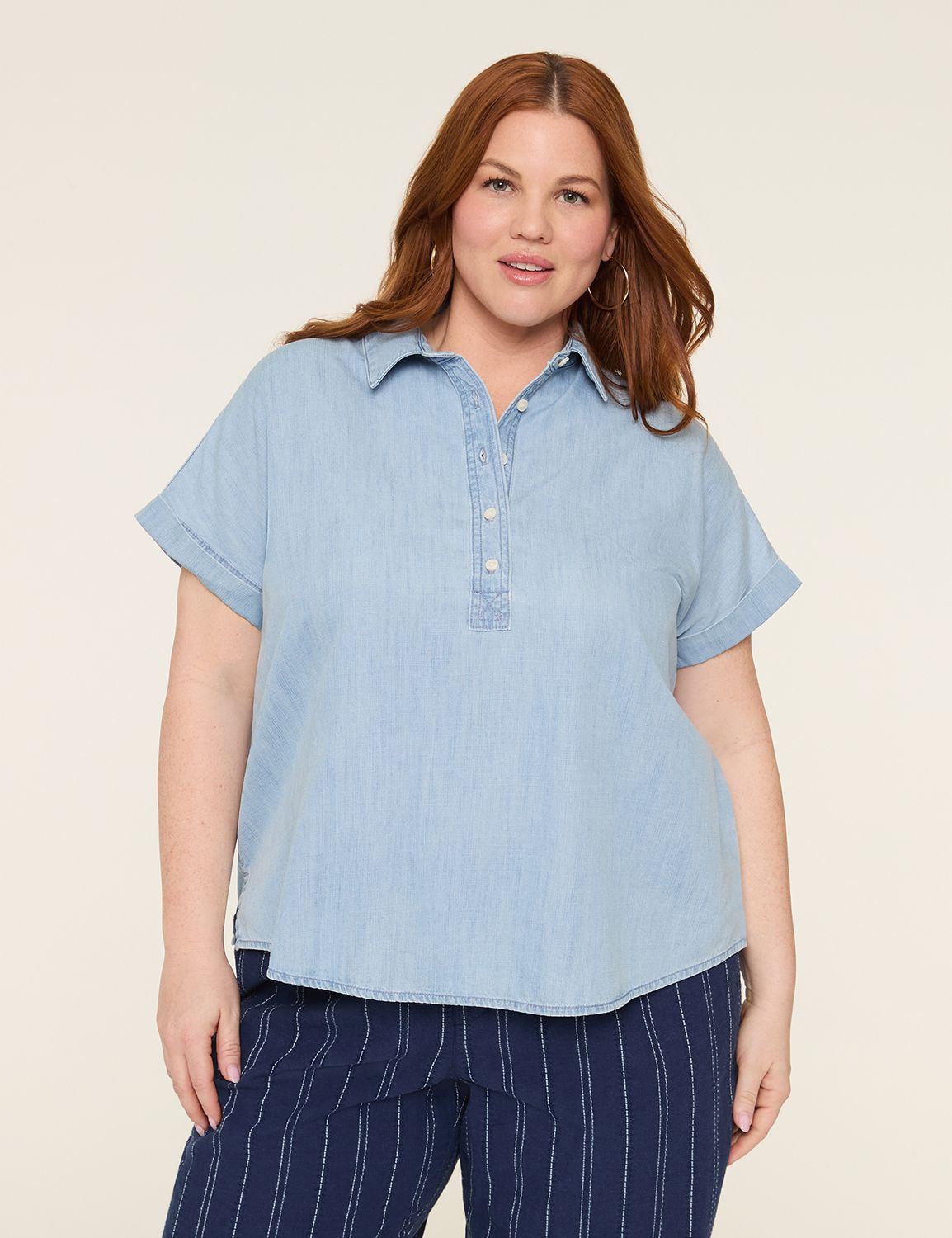 Relaxed SS Dolman Placket Front Den Product Image 1