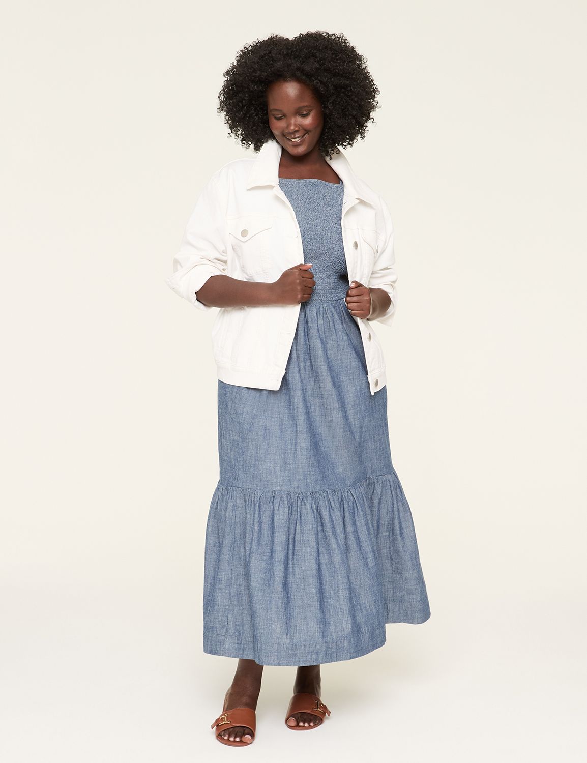 Chambray Smocked-Bodice Midi Dress | LaneBryant