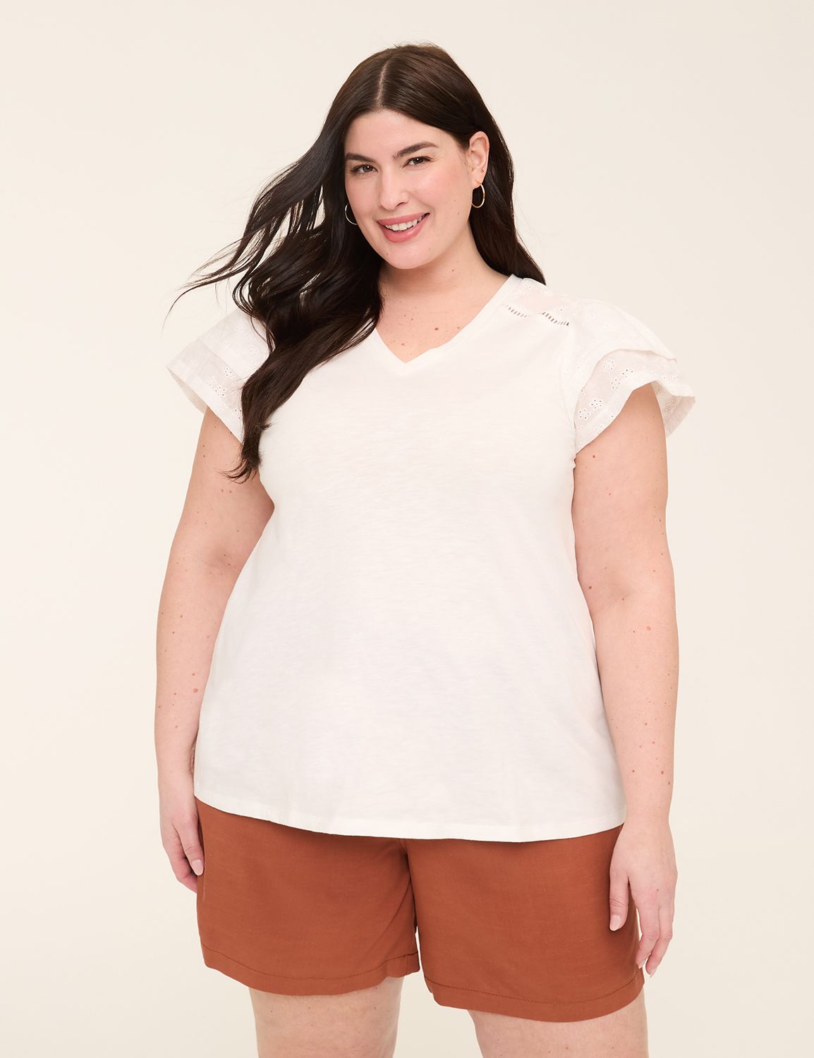 Eyelet-Sleeve V-Neck Top