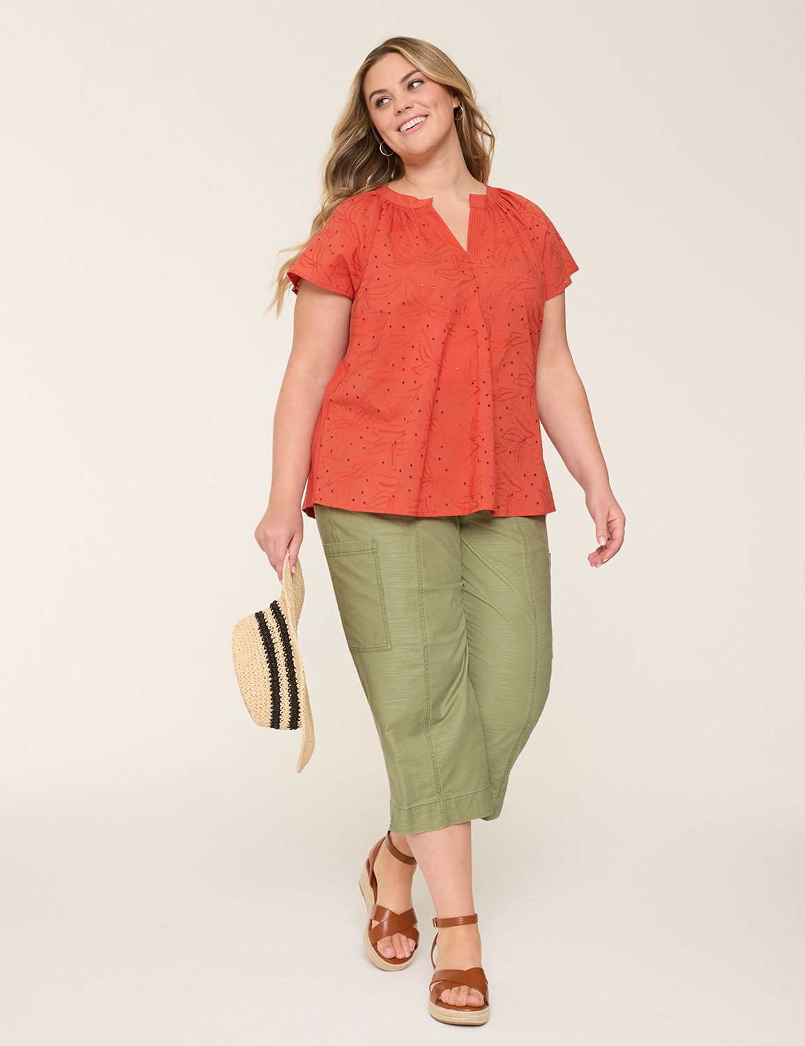 Eyelet & Knit Notch-Neck Top | LaneBryant