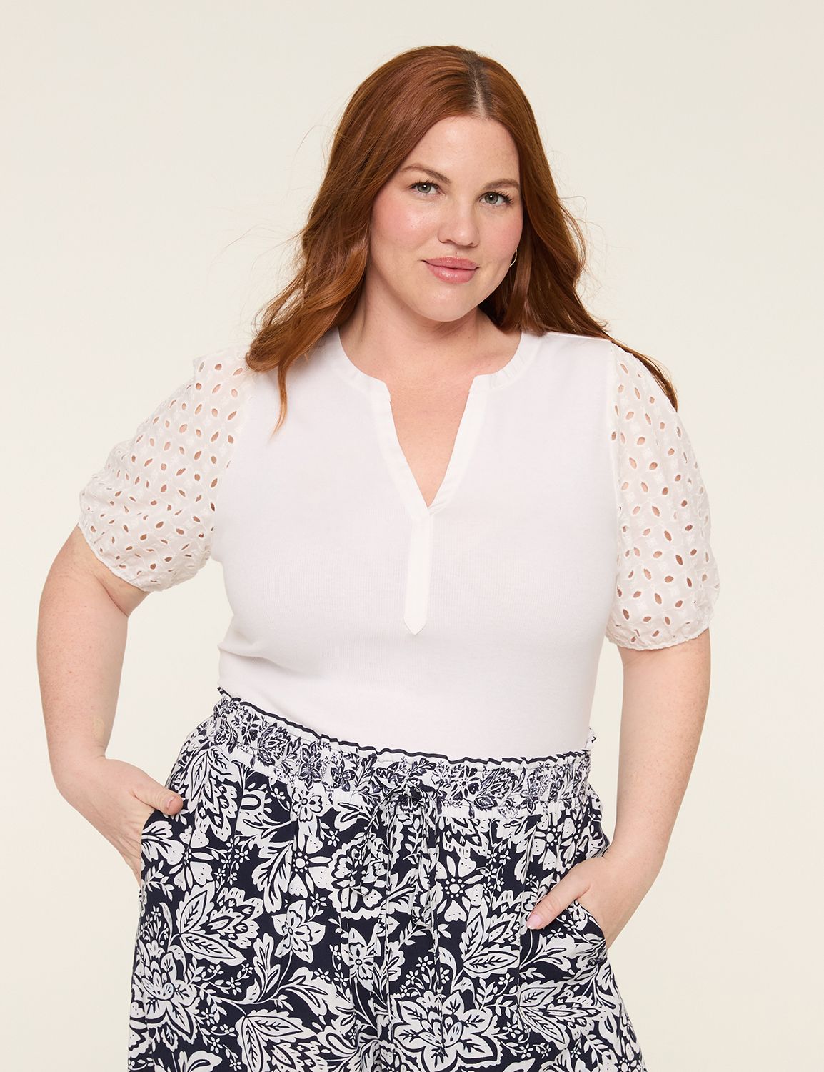 Eyelet Notched Short Sleeve Blouse