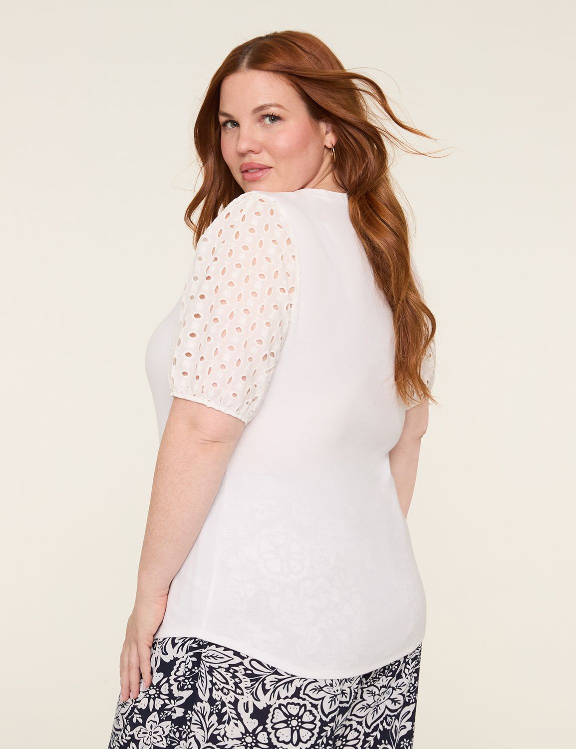 Eyelet-Sleeve Notch-Neck Rib Top | LaneBryant