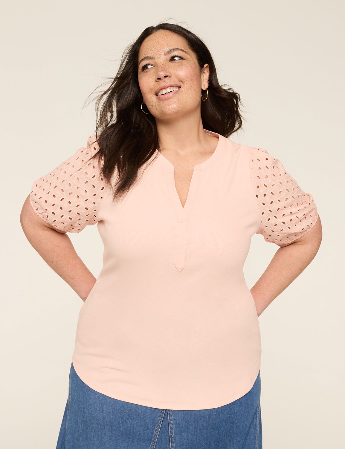 Eyelet Short Sleeve Notched Neck Ri Product Image 1
