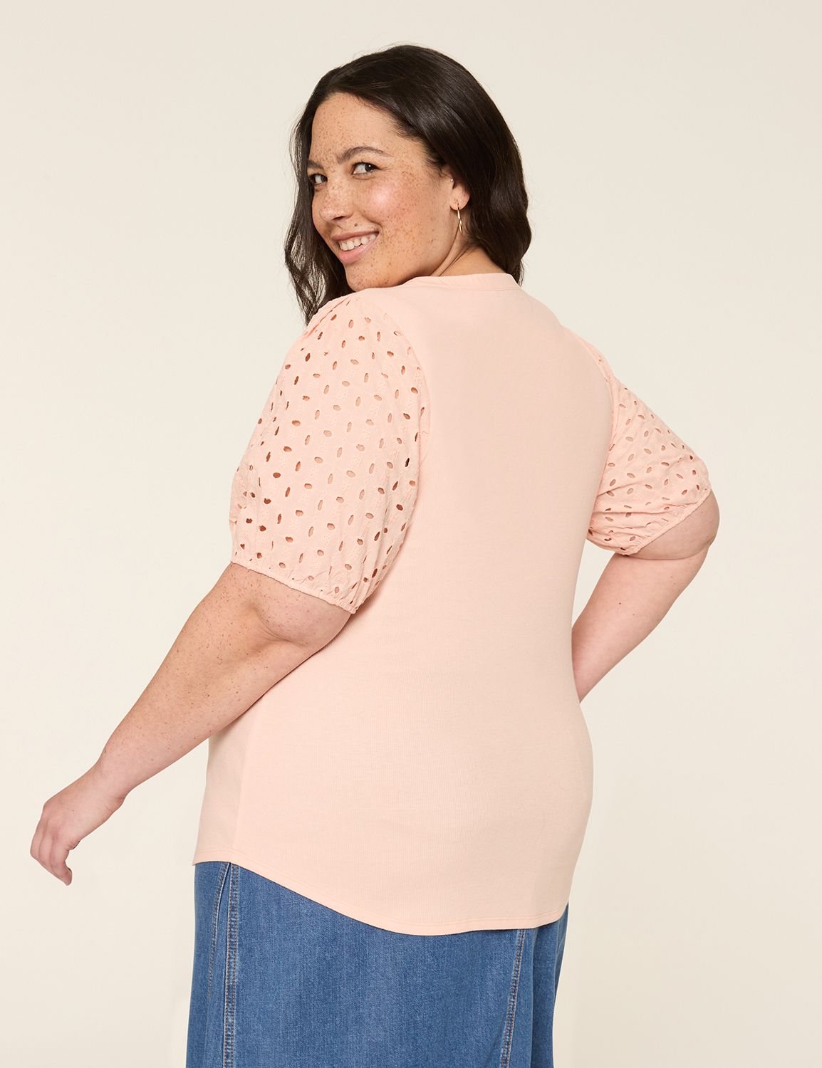 Eyelet Short Sleeve Notched Neck Ri Product Image 2