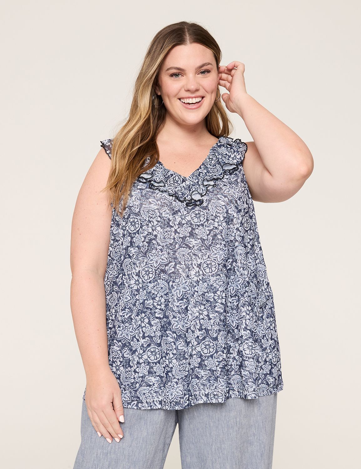 売れ筋商品|||バースリー カットソー トップス レディース Women's Printed Ruffle-Trim Mesh Sleeveless Top, Exclusively at Macy's Tranquil Green Multi 27898465_fpx.tif?$filterlrg$&