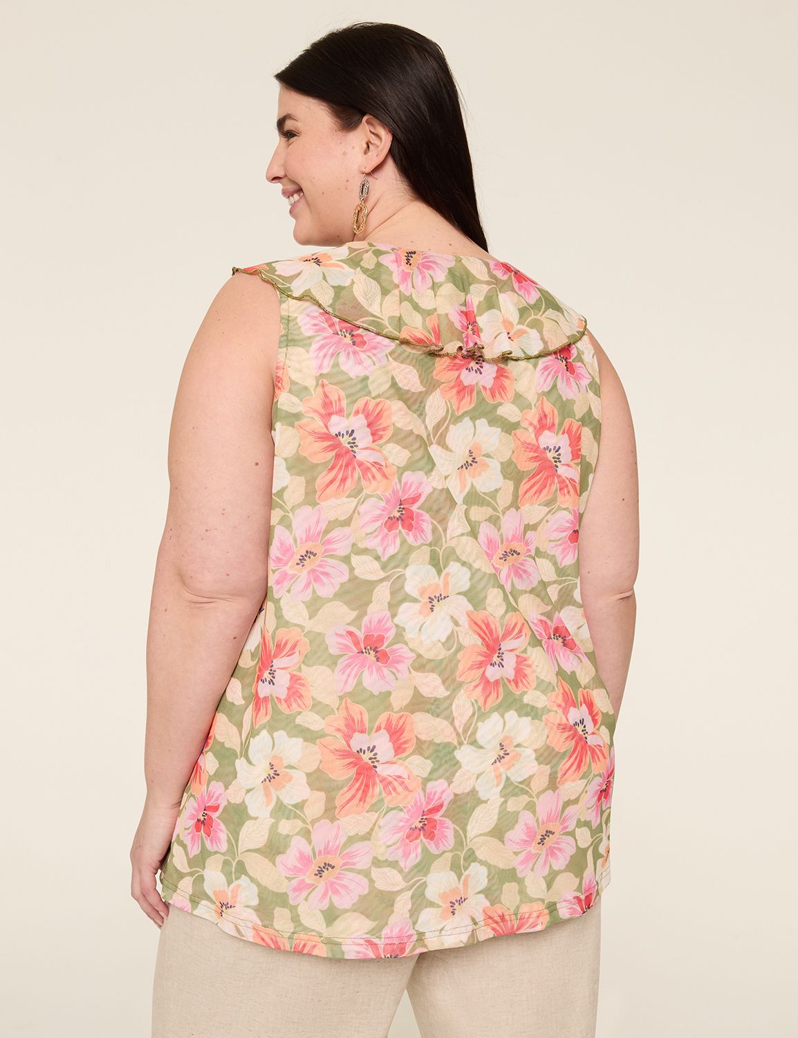 Sleeveless Ruffle V Neck Mesh Top S | LaneBryant
