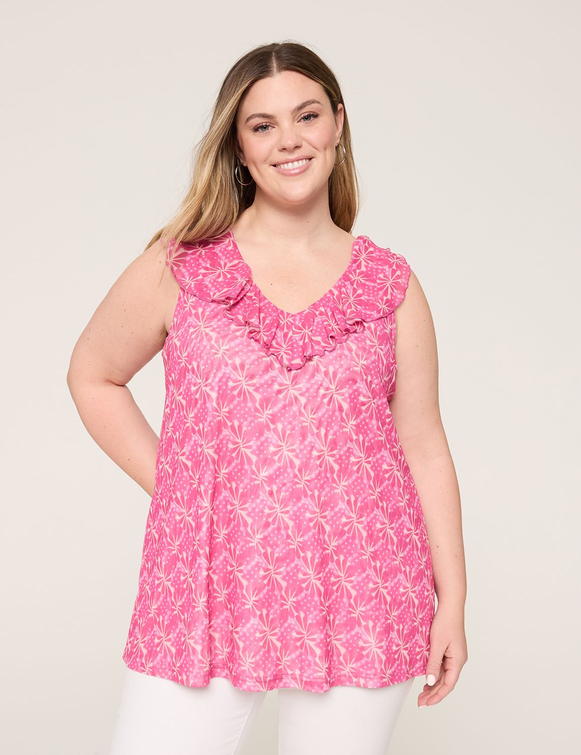 Sleeveless Ruffle V Neck Mesh Top S | LaneBryant
