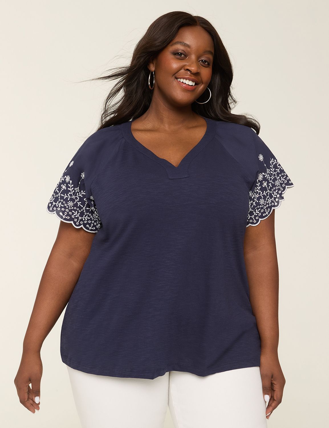 Short Sleeve Placed Eyelet V Neck T Product Image 1