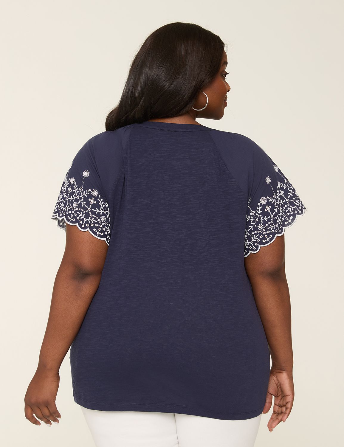 Short Sleeve Placed Eyelet V Neck T Product Image 2