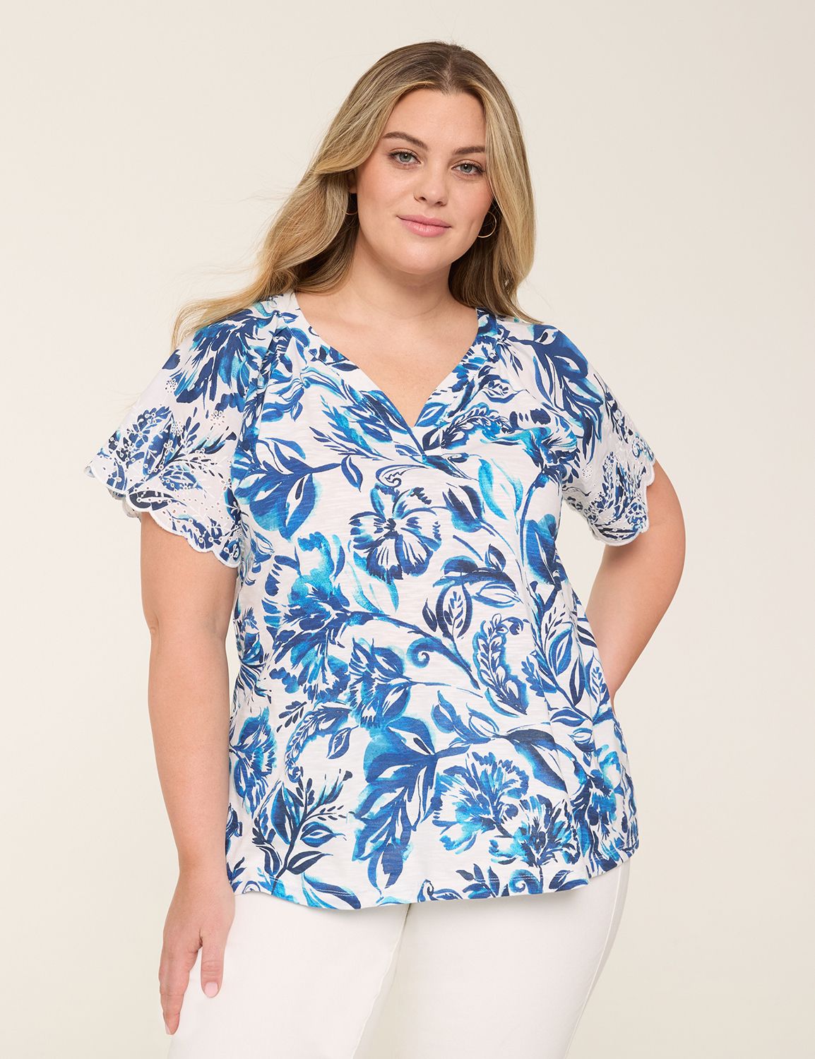 Short Sleeve Placed Eyelet V Neck T Product Image 1