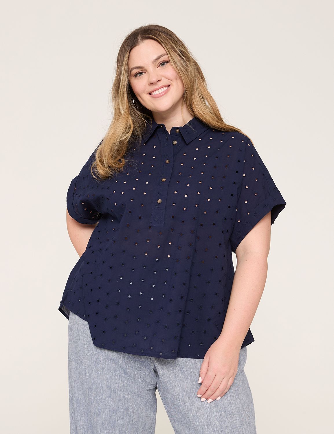 Relaxed SS Dolman Placket Front Eye Product Image 1