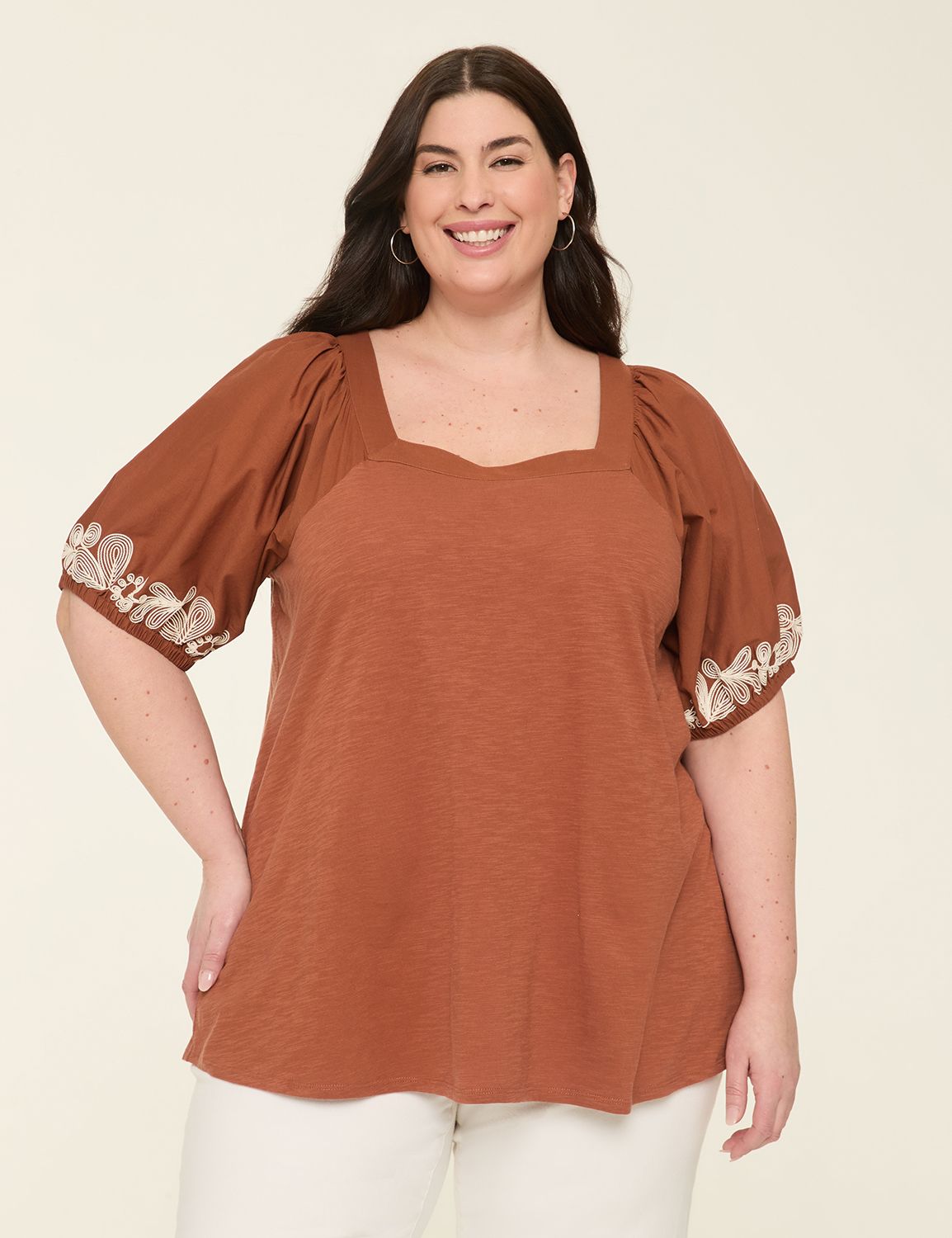 Embroidered Puff-Sleeve Square-Neck Top