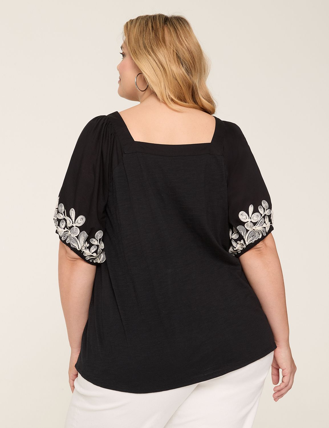 Square Neck Short Sleeve Embroidery Back Trim Tie Top main image 1