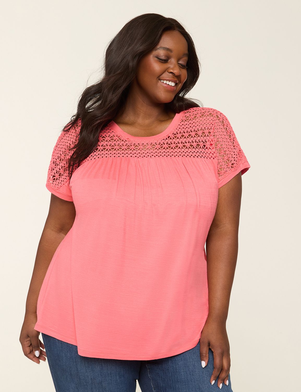 Dolman Sleeve Crewneck Crochet Yoke Product Image 1
