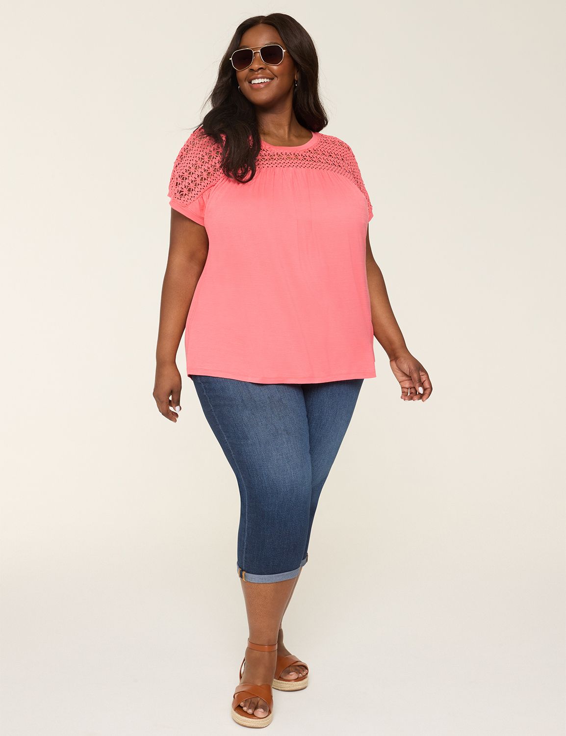 Dolman Sleeve Crewneck Crochet Yoke Product Image 3