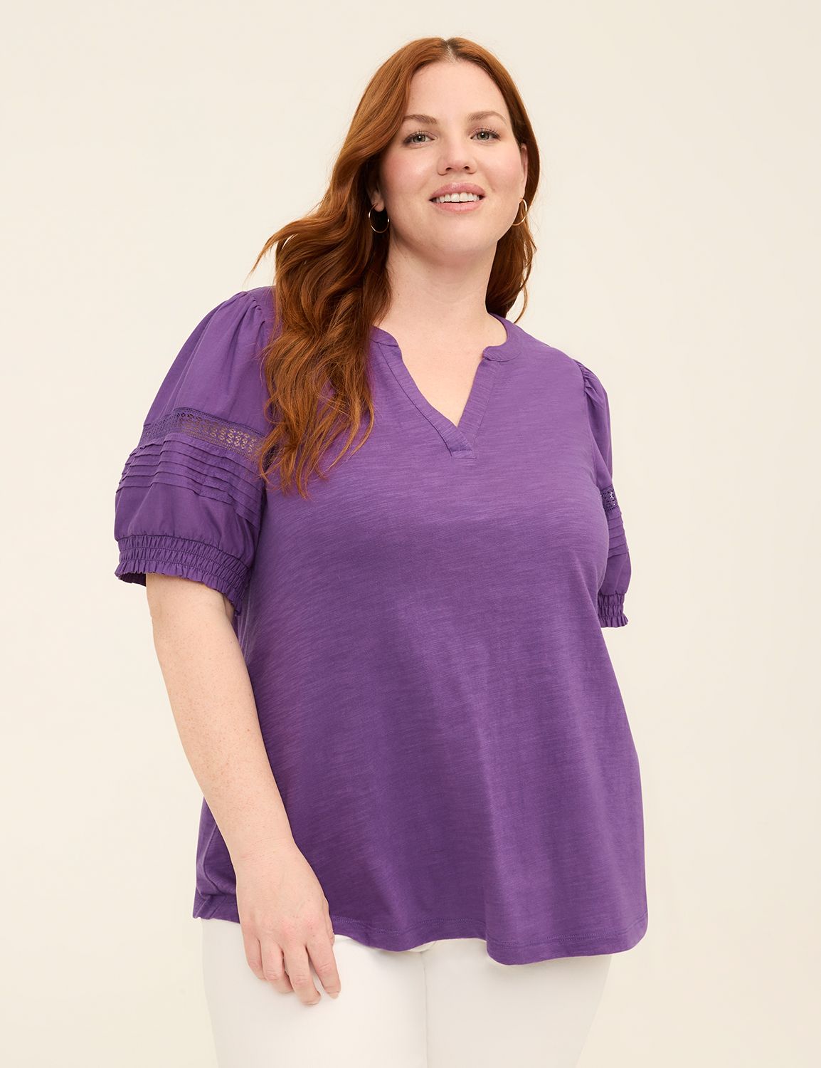 Threaded Pear Kalani Textured Puff Short Sleeve Notched V Neck Top