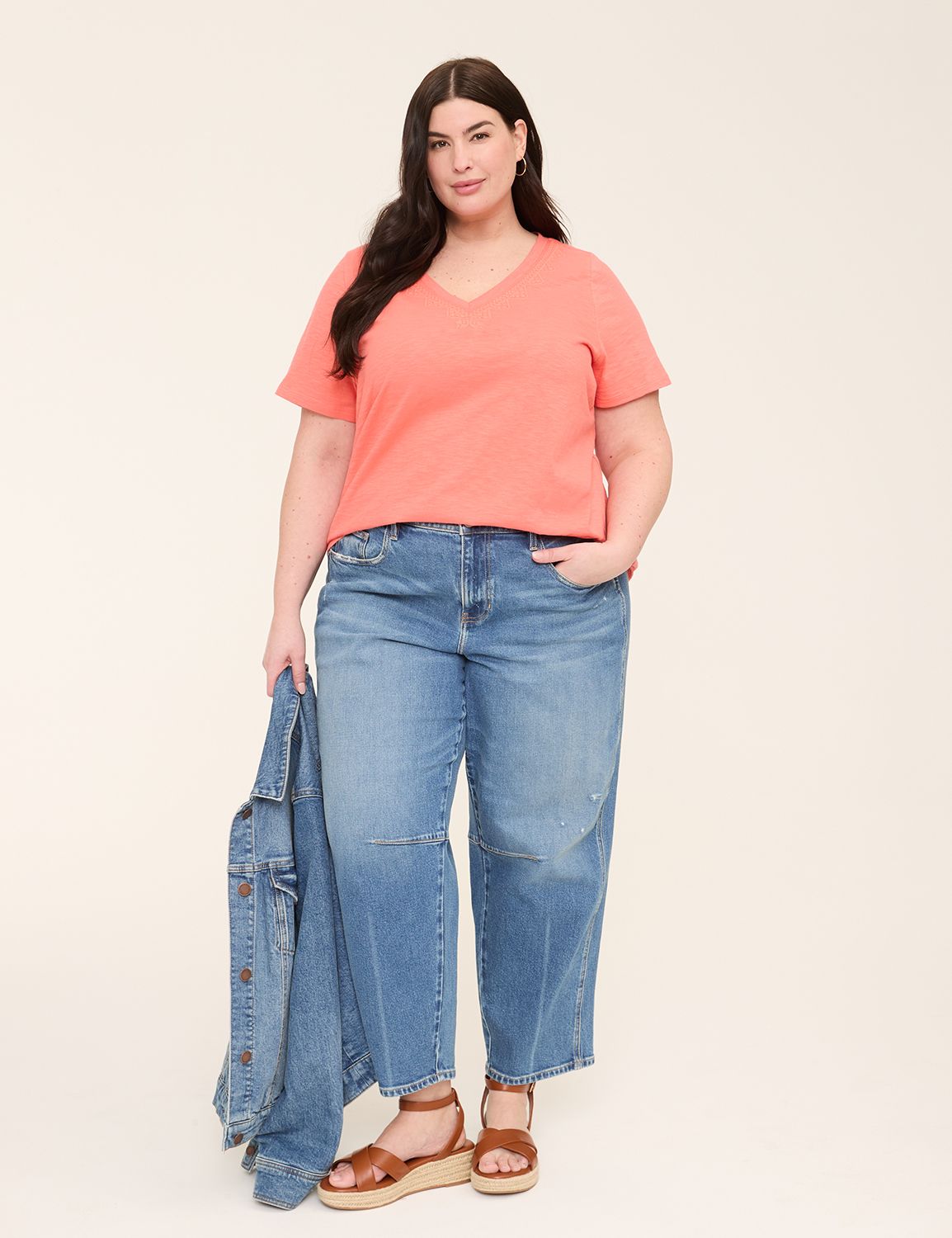 Button-Front Embroidered V-Neck Short Sleeve Top main image 1