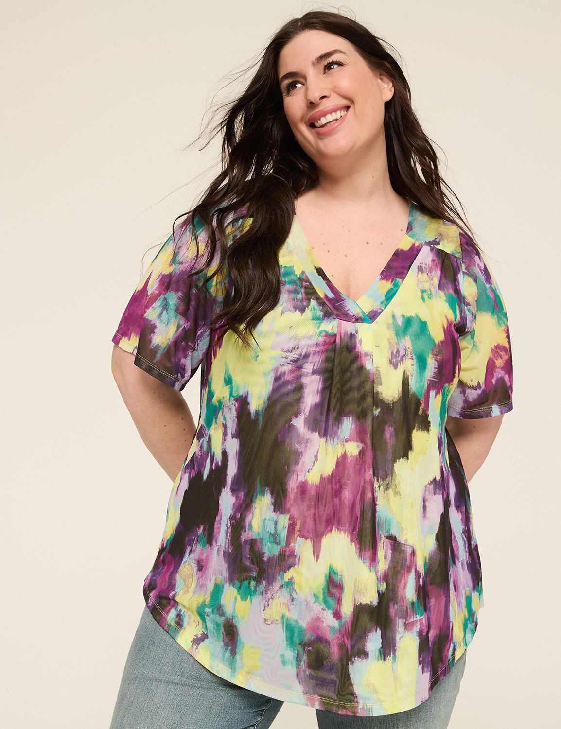 V-neck Pleat Detail Flutter Sleeve Blouse (Solid)