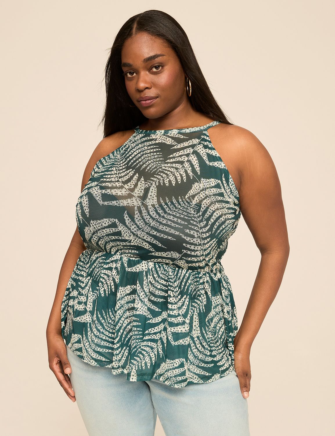 Mesh Halter-Neck Smocked Peplum Top
