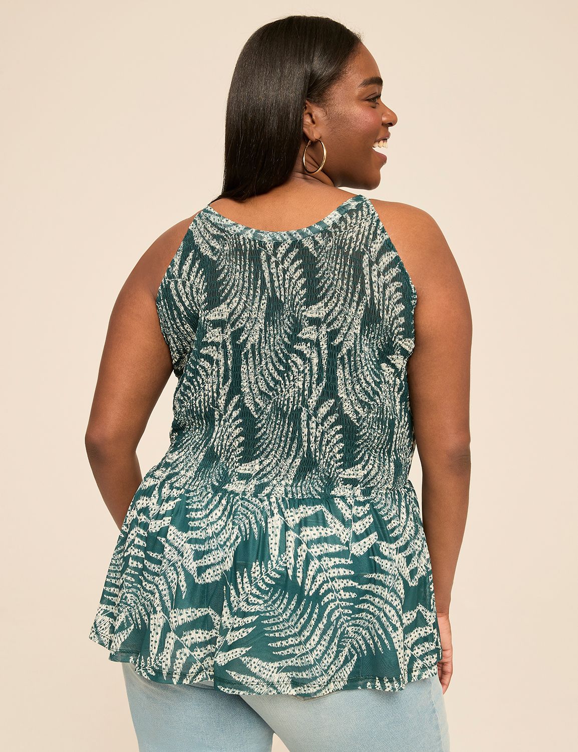 Mesh Halter-Neck Smocked Peplum Top