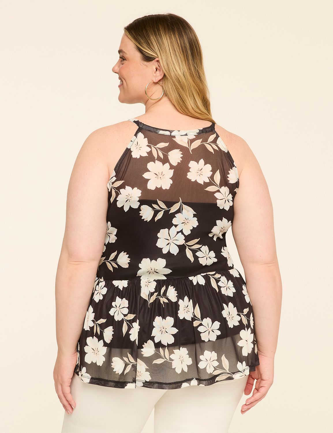 Mesh Halter-Neck Smocked Peplum Top