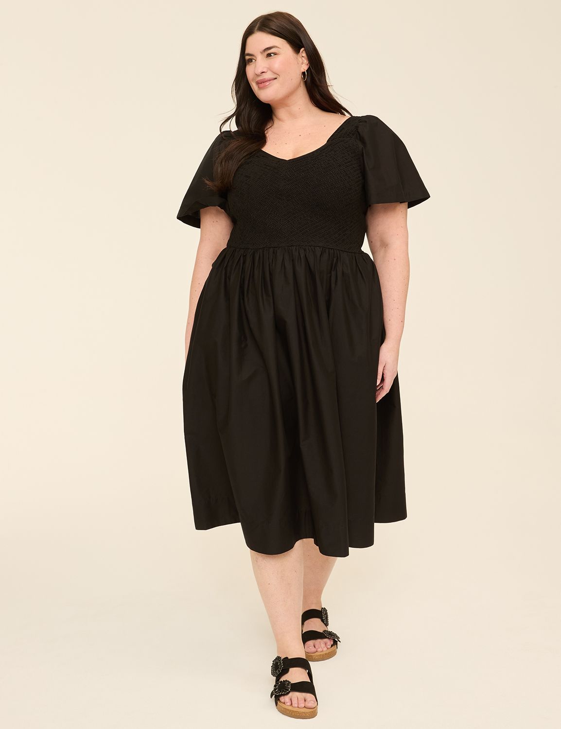 Smocked-Bodice Flutter-Sleeve Midi Dress