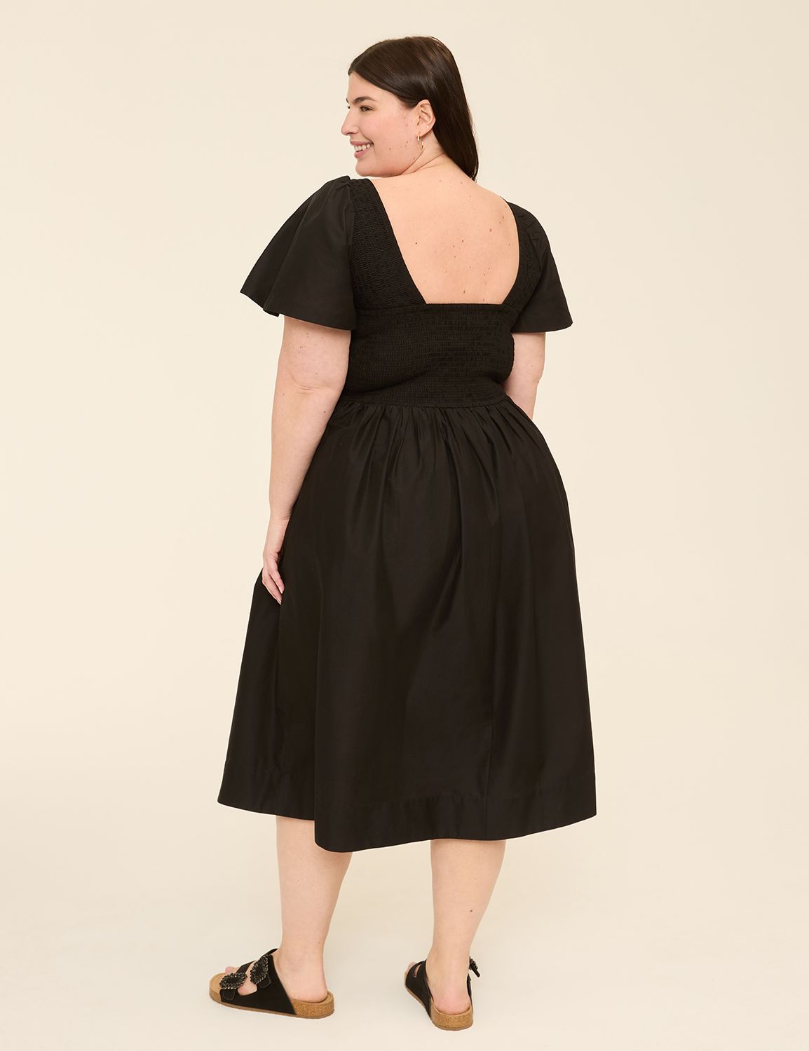 Smocked-Bodice Flutter-Sleeve Midi Dress