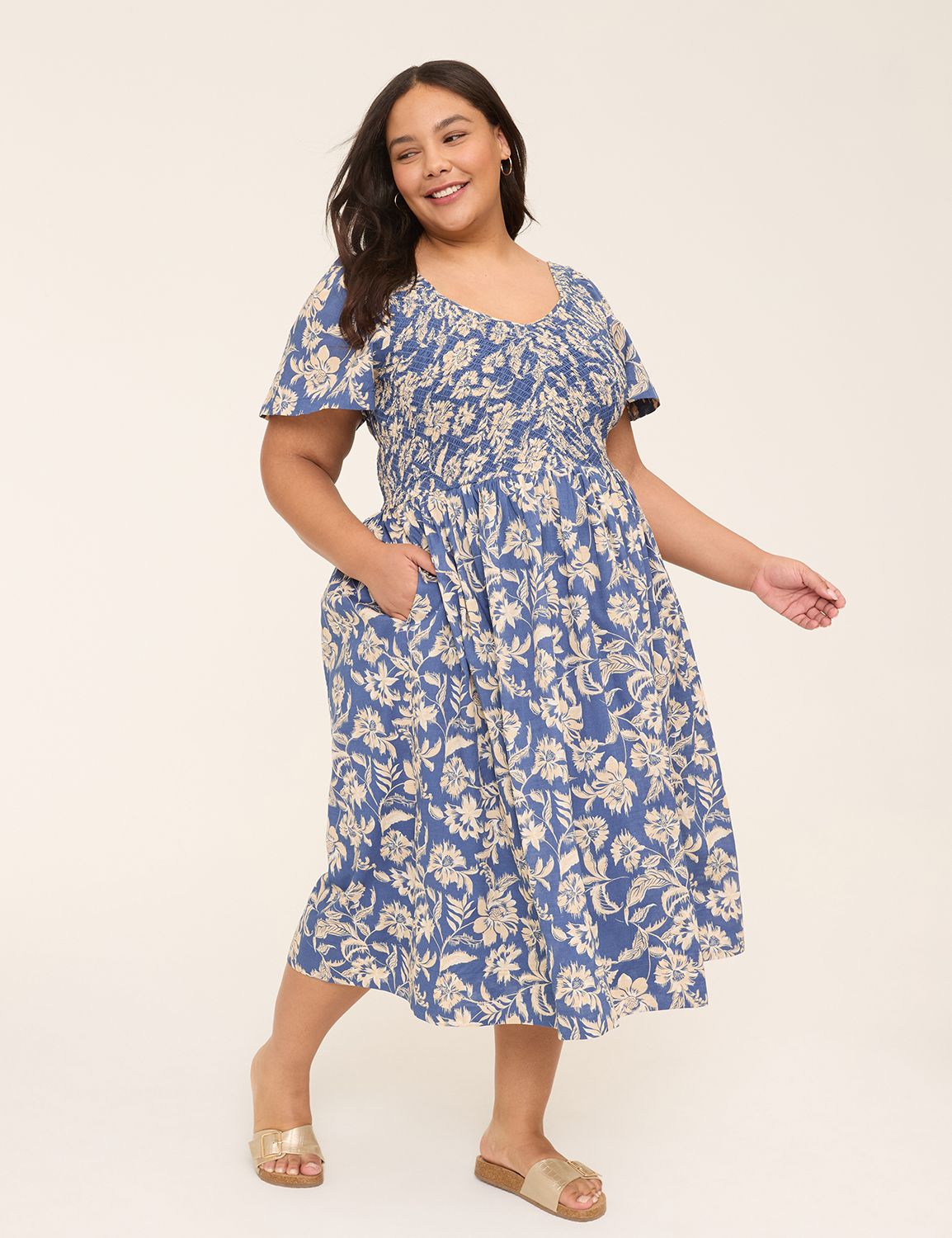 Smocked-Bodice Flutter-Sleeve Midi Dress
