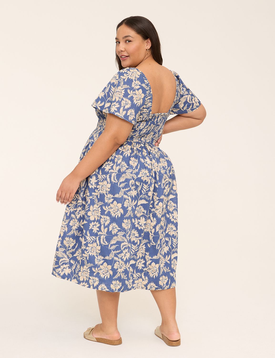 Smocked-Bodice Flutter-Sleeve Midi Dress