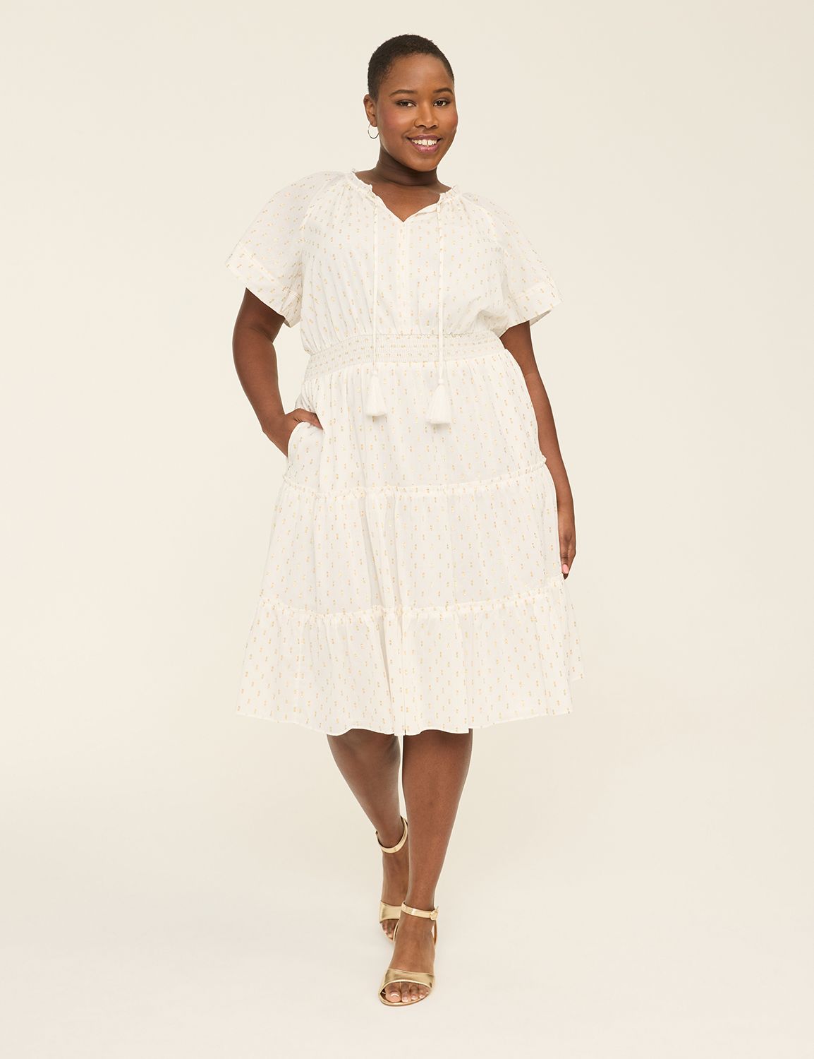 Lurex Flutter-Sleeve Split-Neck Midi Dress