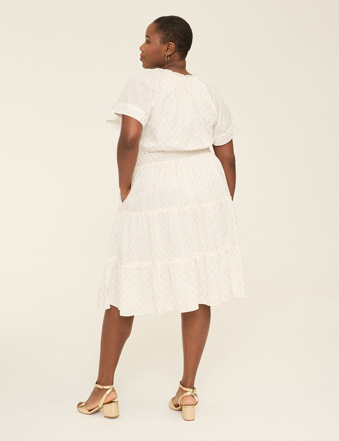 Lurex Flutter-Sleeve Split-Neck Midi Dress