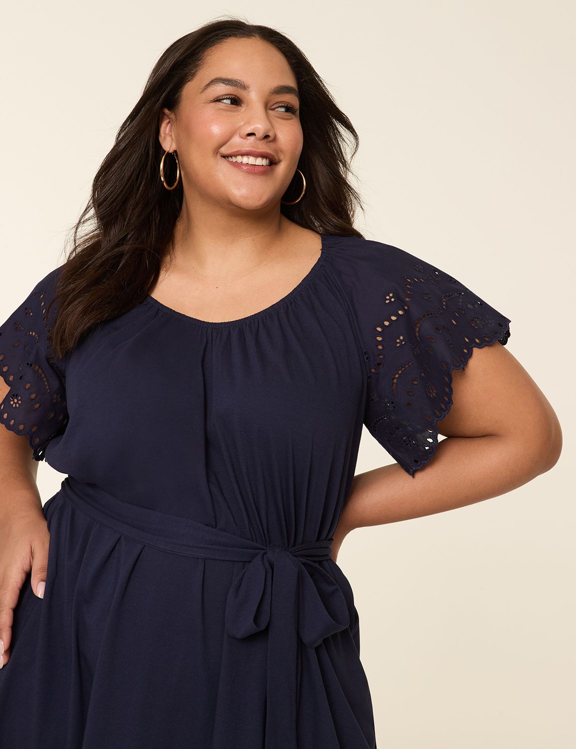 Eyelet-Sleeve Tie-Waist Dress | LaneBryant