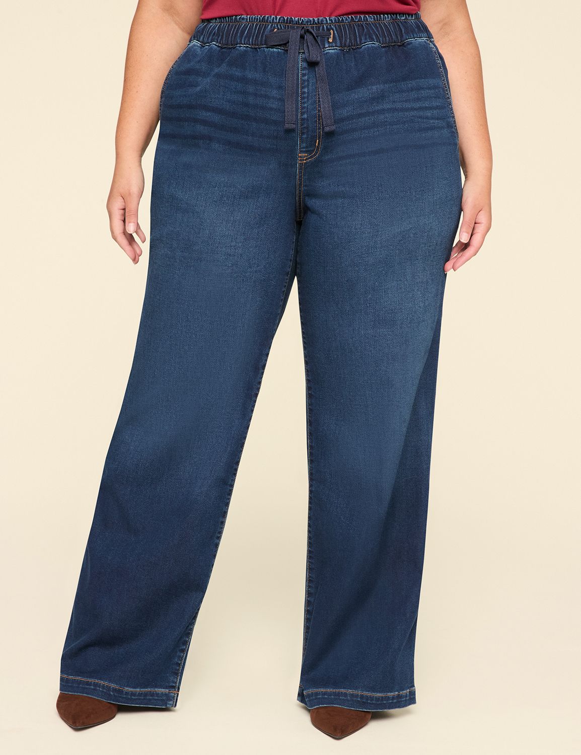 Pull-On Knit Denim High-Rise Wide Leg Jean