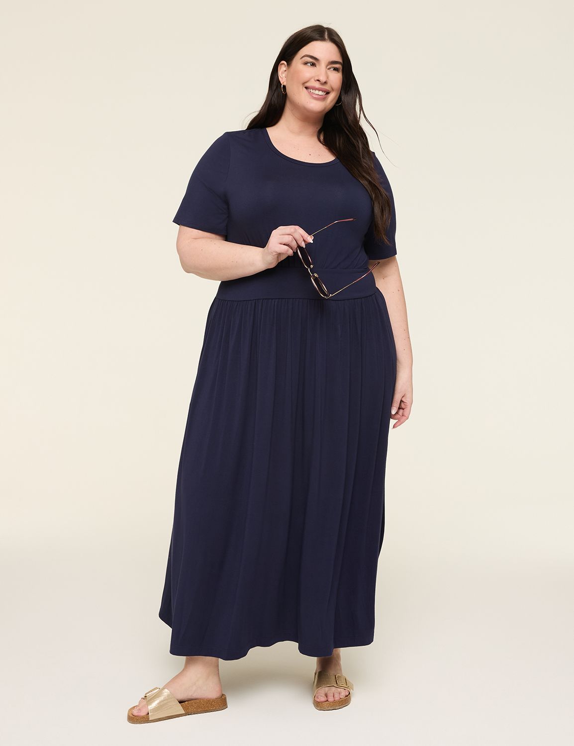 Crew-Neck Banded-Waist Maxi Dress
