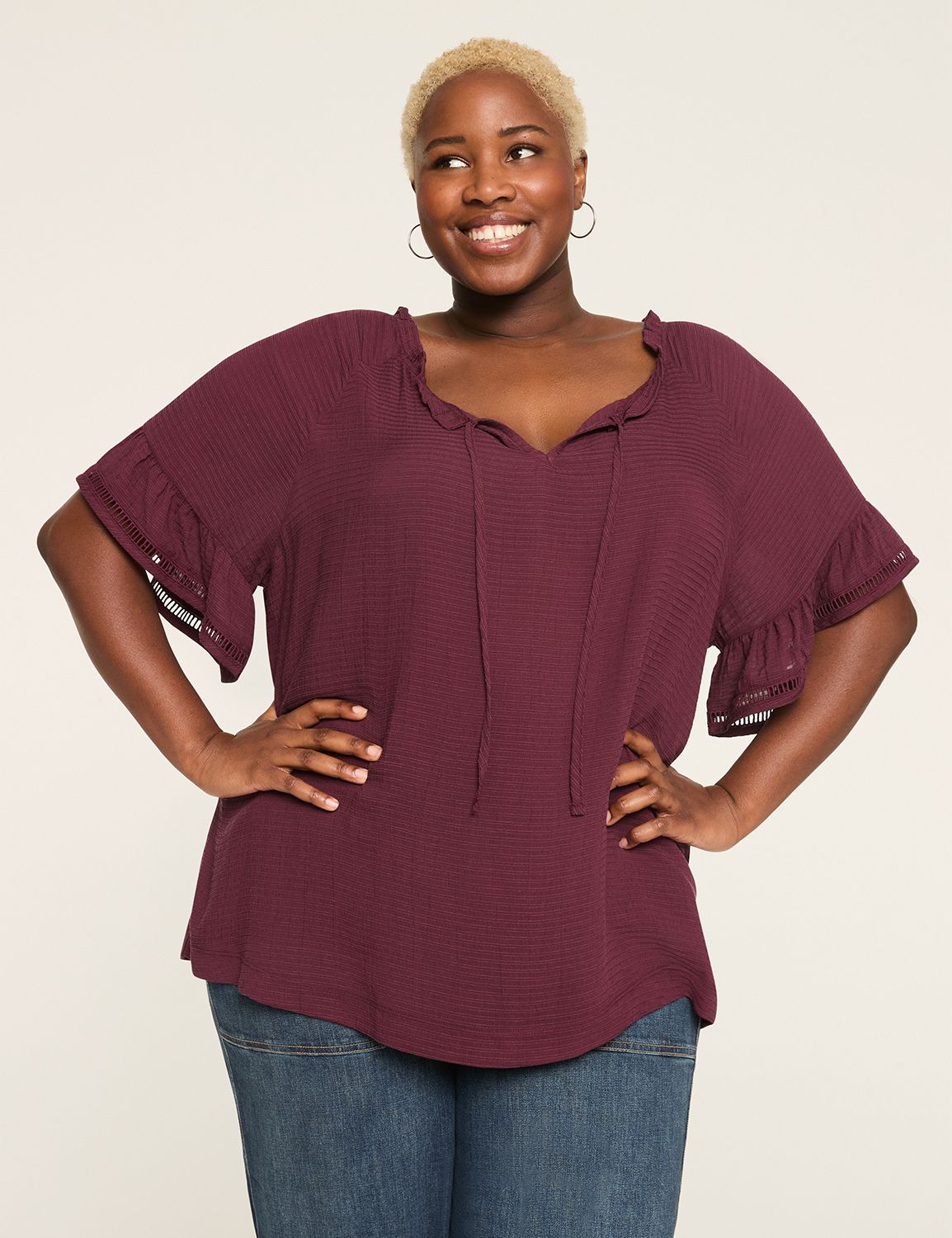 Short Raglan Sleeve Ruffle Zen Tie | LaneBryant