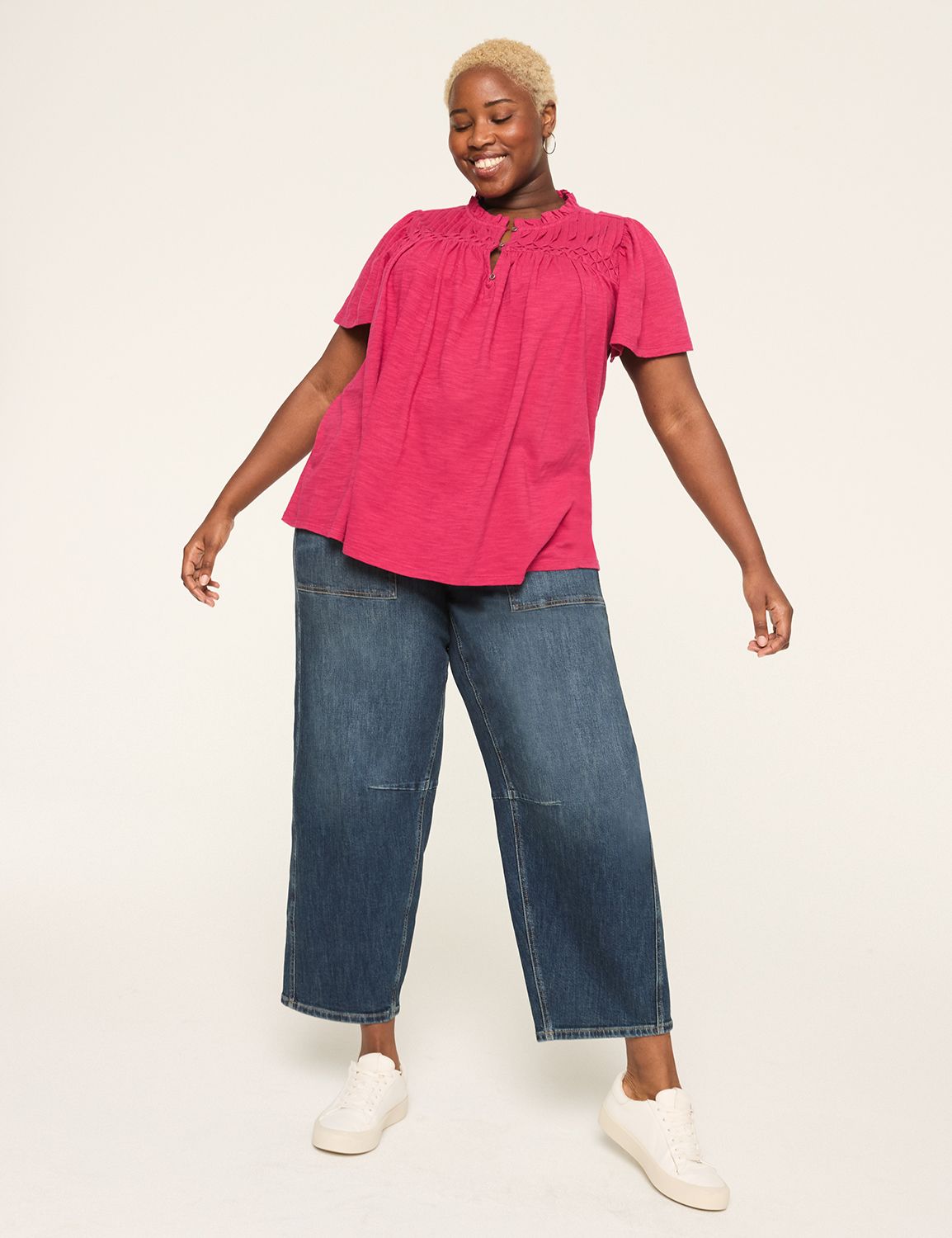Pintuck Front Short Sleeve Top with Striped Contrast Trim