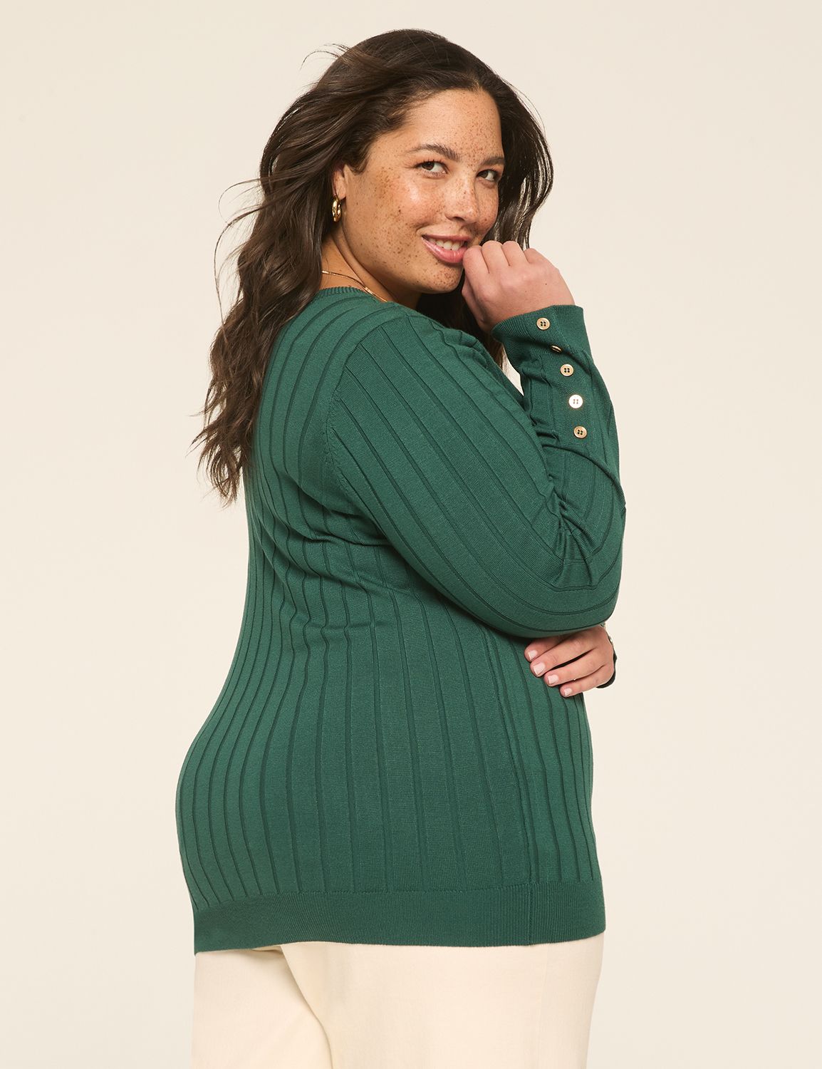 Button-Sleeve Ribbed Pullover Sweater
