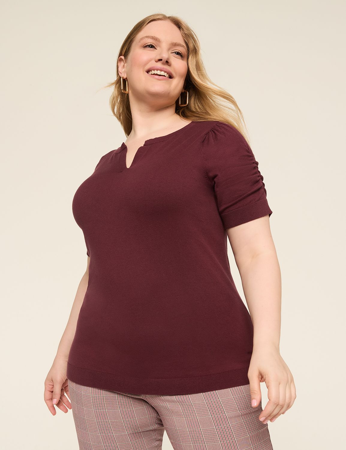 Short Puff Sleeve Slit neck Pullove Product Image 1