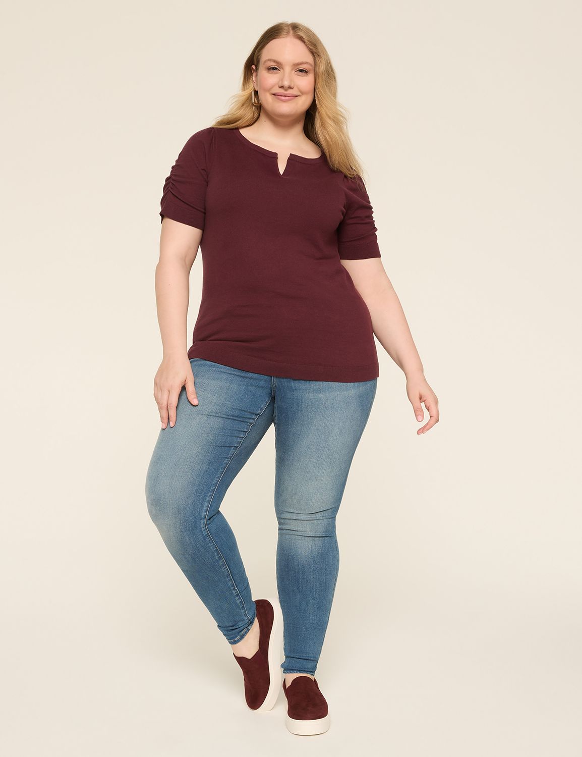 Short Puff Sleeve Slit neck Pullove Product Image 4